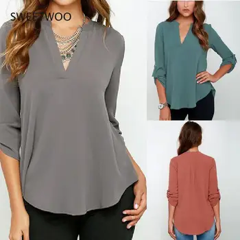 Toamna Femei V-neck Șifon Bluza Maneca 3/4 Femei Solide Tricou Casual de Dimensiuni Mari Feminina Camisas Blusas